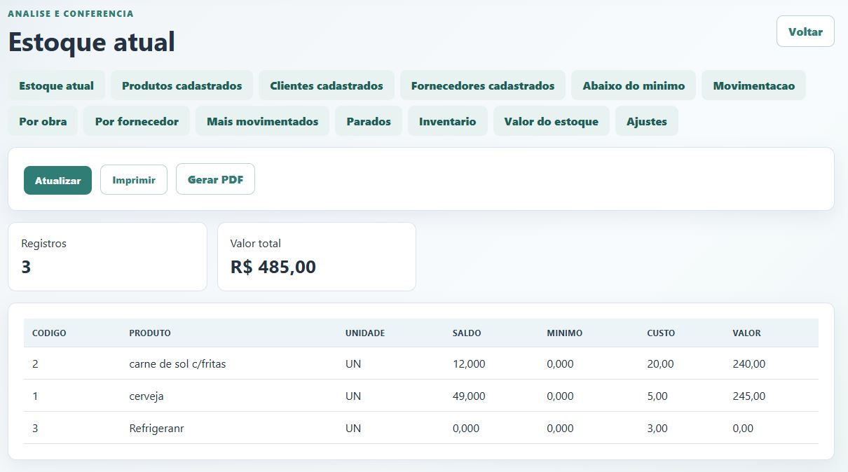 Relat&oacute;rio de estoque atual