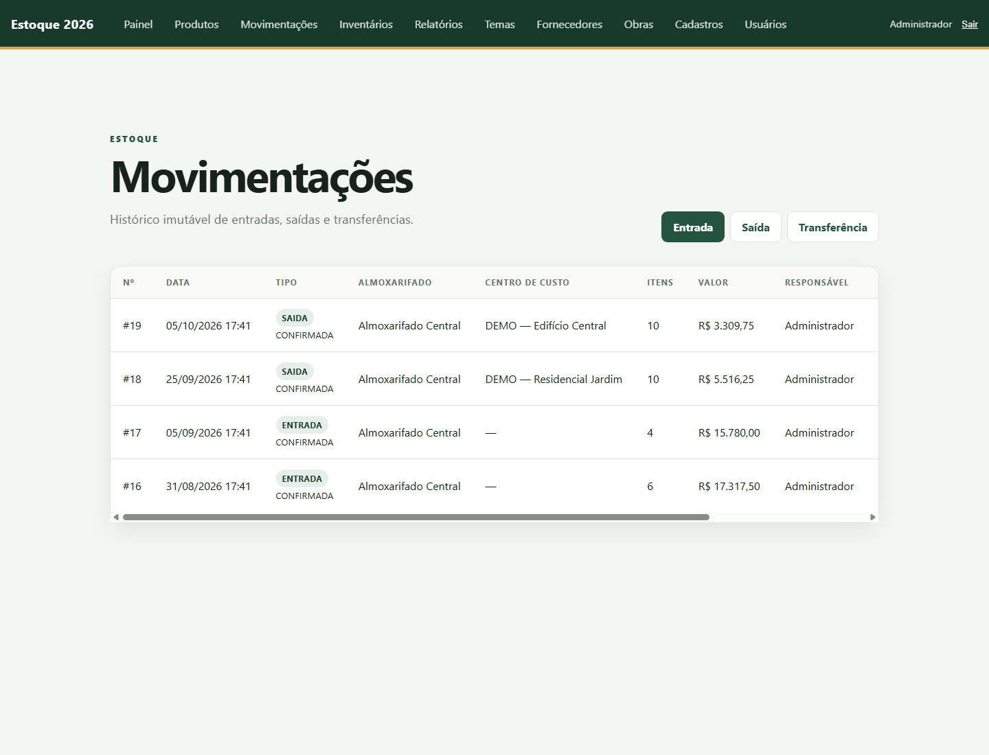 Histórico de movimentações do novo Estoque Online