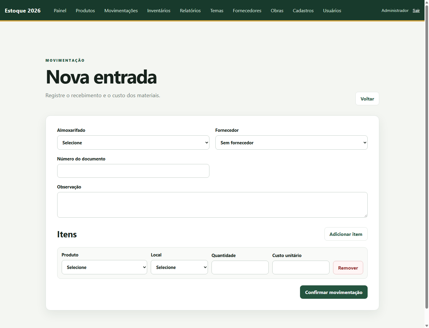 Formulário de nova entrada