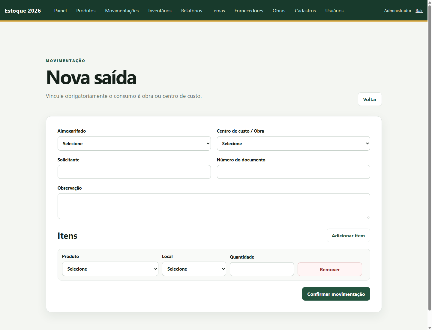 Formulário de nova saída para obra