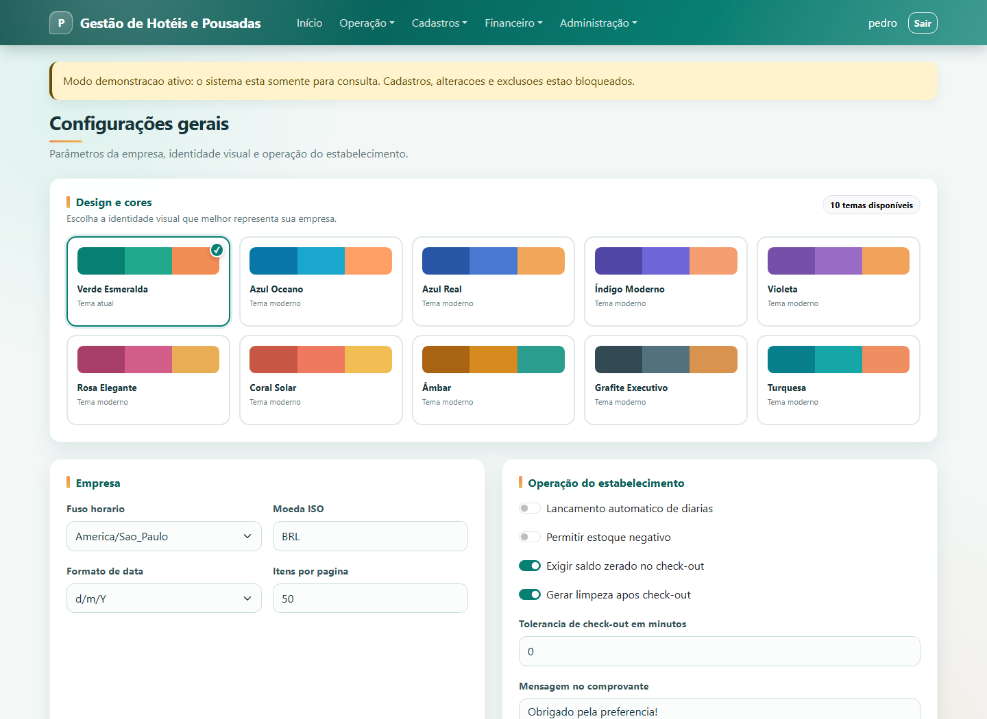 Tela atual de configurações gerais