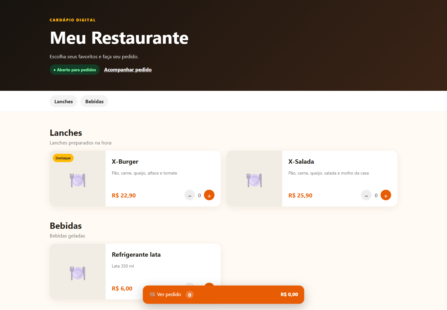 Cardápio digital Tá na Mão aberto no navegador